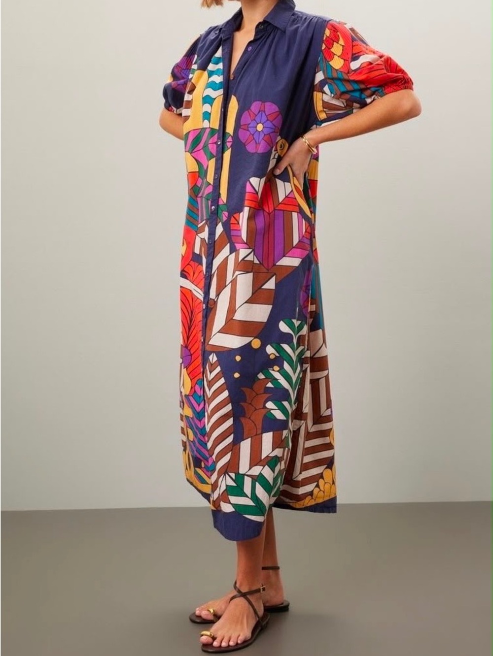 Carolina K Valerie Pleated Geometric Print Puff Sleeve  Kaftan Dress Size S - Picture 3 of 8